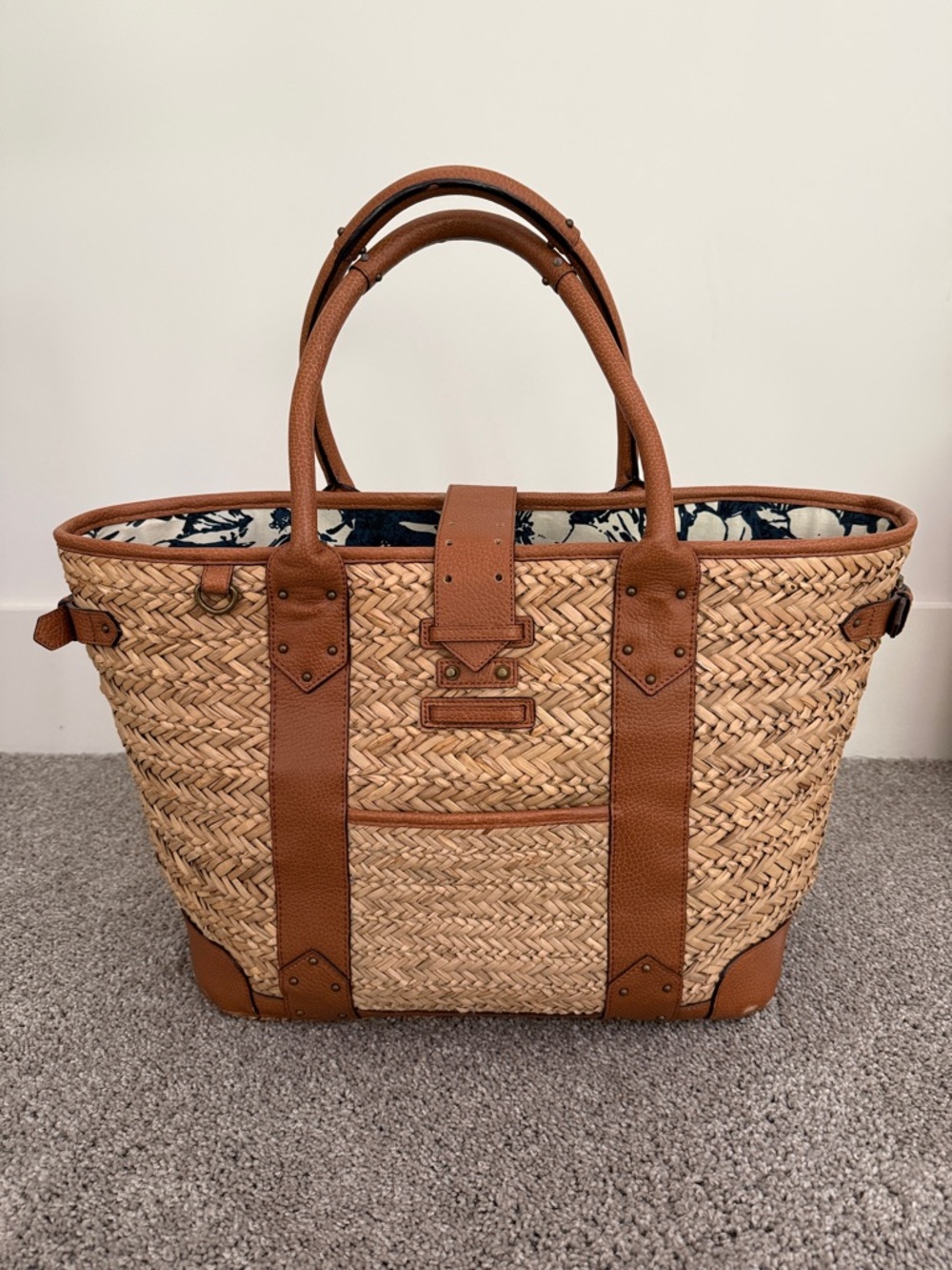 J. Crew Woven Straw Tote with Brown Leather Trim